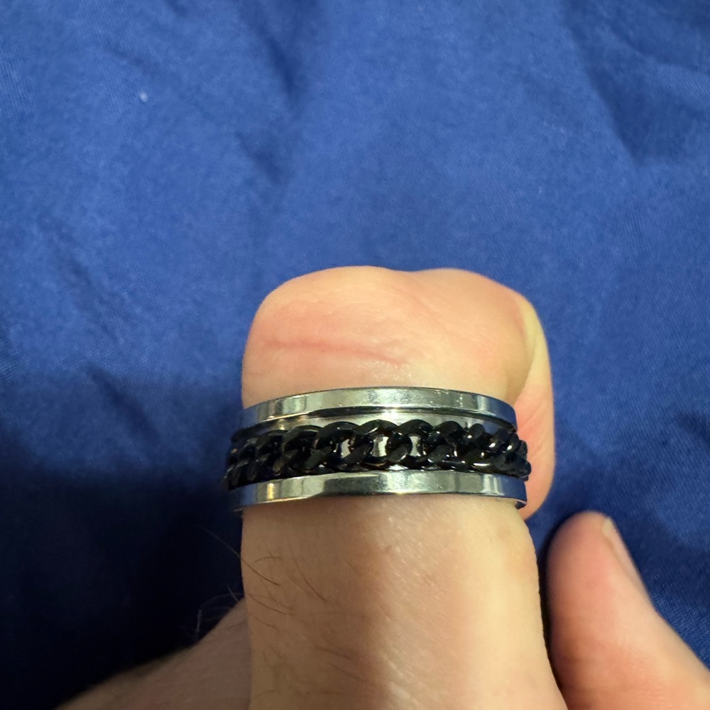 Men’s Size 13 Stainless Steel Spinner Ring with Black Chain Rotating Center